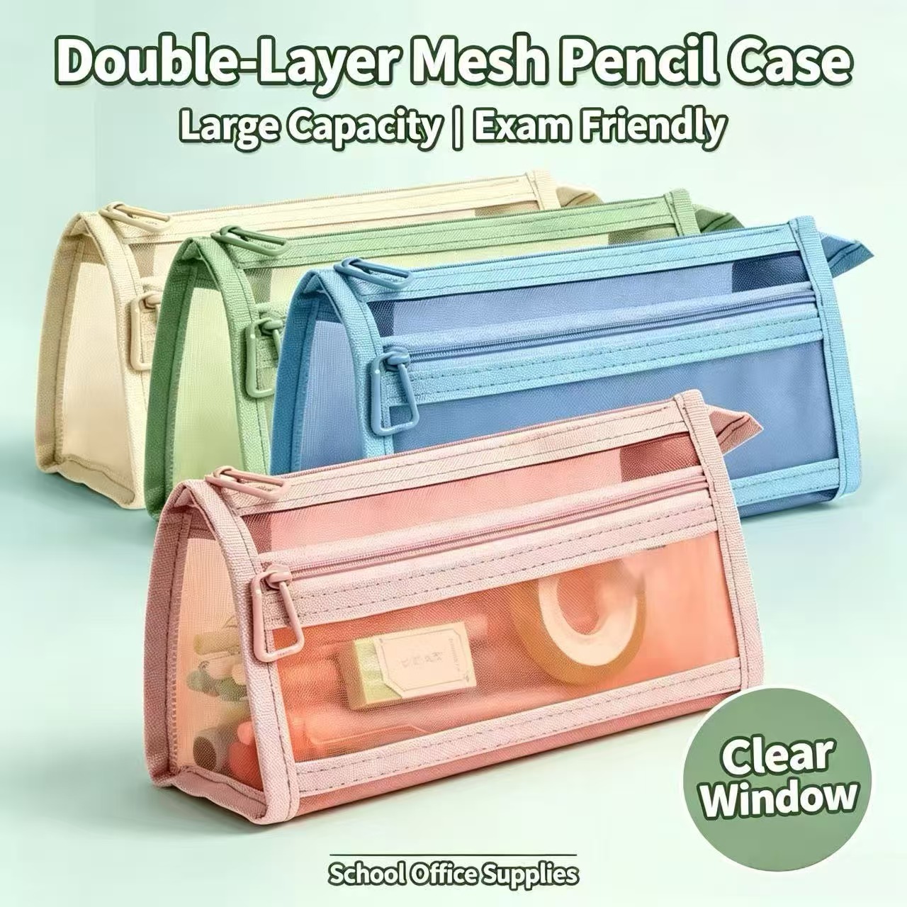 Clear Mesh Pencil Pouch For Exam - Çift Katmanlı Şeffaf Örgü Kalem Kutusu