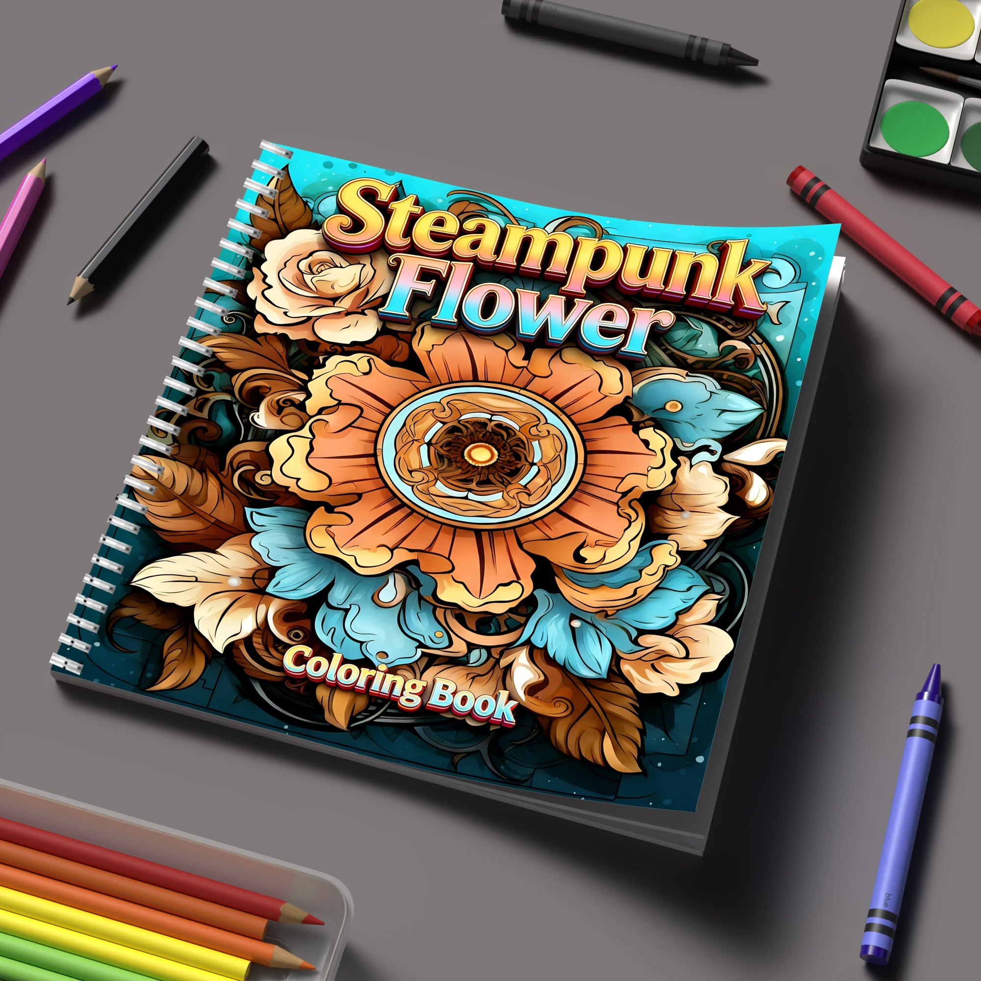 School Supplies - Yetişkinler için Boyama Kitabı Steampunk Çiçekleri